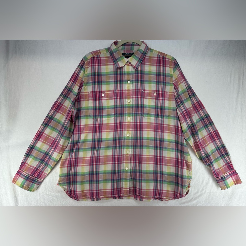 Lauren Ralph Lauren Plaid Button Down Shirt Pink Green Blue Womens Size XL